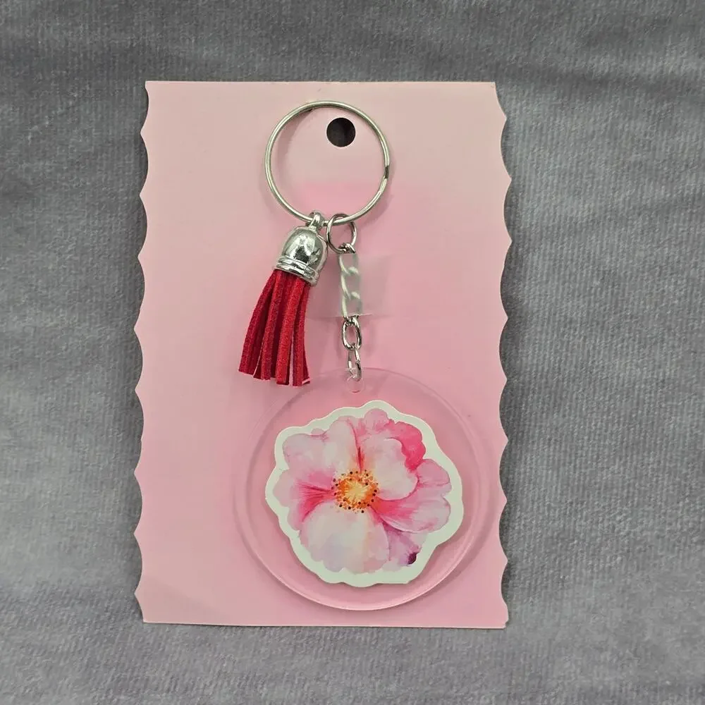 Letter Keychain Clear Silver Circle Handmade Acrylic Tassel Flower‎ I Red